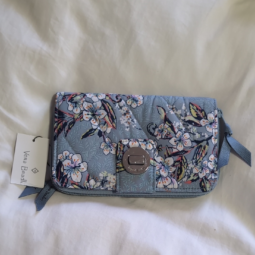 NWT Vera Bradley Ultralight RFID Turnlock Wallet Cherry Blossoms, Blue, 8"x5"
